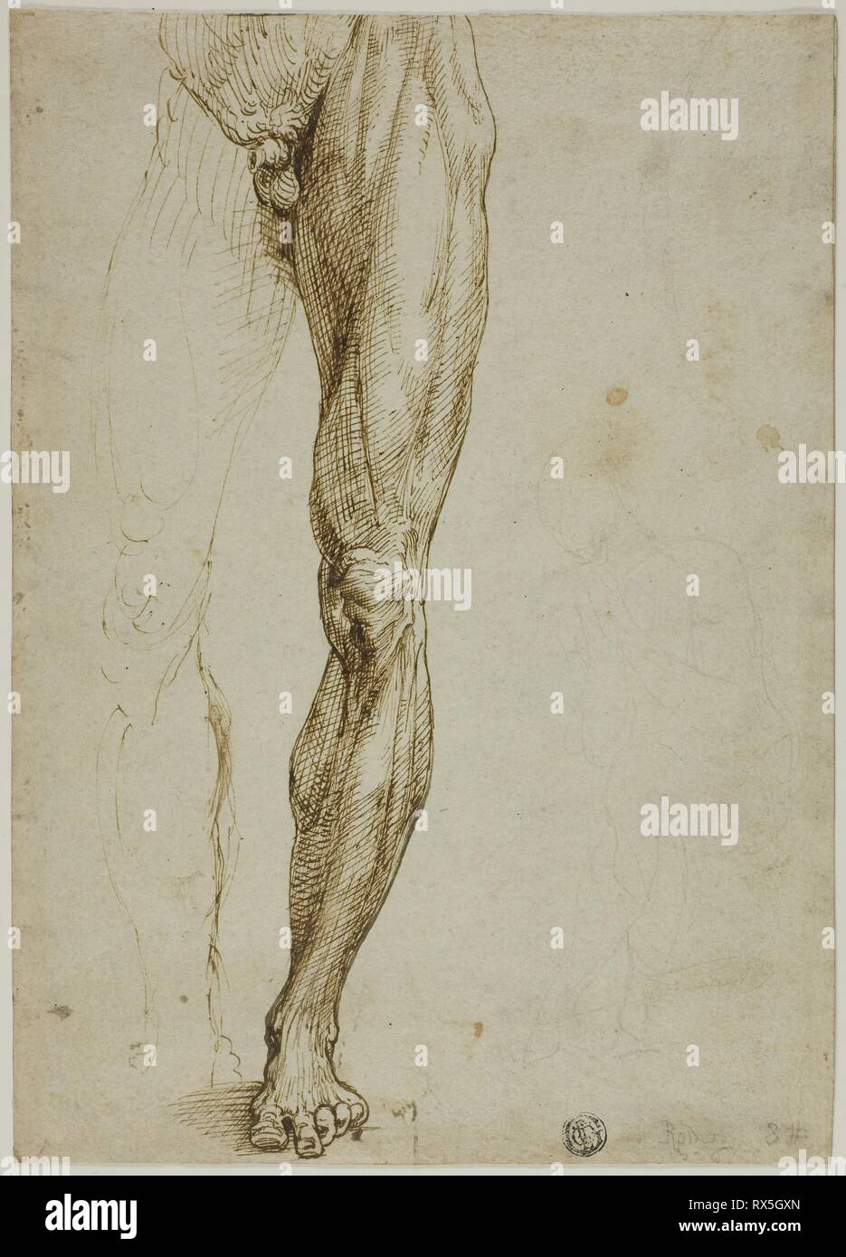 Male Figure Study, with Slight Sketch of Seated Figure. Follower of Michelangelo Buonarroti; Italian, 1475-1564. Date: 1540-1550. Dimensions: 269 x 191 mm (max.). Pen and brown ink, with traces of black chalk, on ivory laid paper. Origin: Italy. Museum: The Chicago Art Institute. Stock Photo