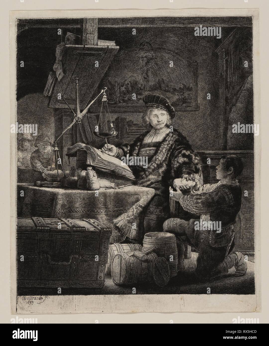 Jan Uytenbogaert, 'The Goldweigher'. Rembrandt van Rijn; Dutch, 1606-1669. Date: 1639. Dimensions: 237 x 203 mm (image); 249 x 204 mm (plate); 260 x 215 mm (sheet). Etching and drypoint on paper. Origin: Holland. Museum: The Chicago Art Institute. Author: REMBRANDT HARMENSZOON VAN RIJN. HARMENSZOON VAN RIJN REMBRANDT. Rembrandt van Rhijn. Stock Photo