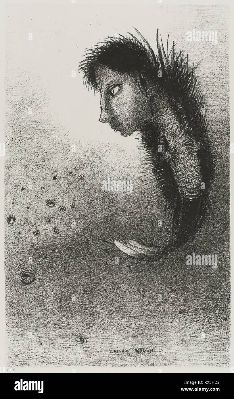 Then There Appears a Singular Being, Having the Head of a Man On the Body of a Fish, plate 5 of 10. Odilon Redon; French, 1840-1916. Date: 1888. Dimensions: 276 × 171 mm (image/chine); 432 × 314 mm (sheet). Lithograph in black on ivory China paper, laid down on ivory wove paper (chine collé). Origin: France. Museum: The Chicago Art Institute. Stock Photo