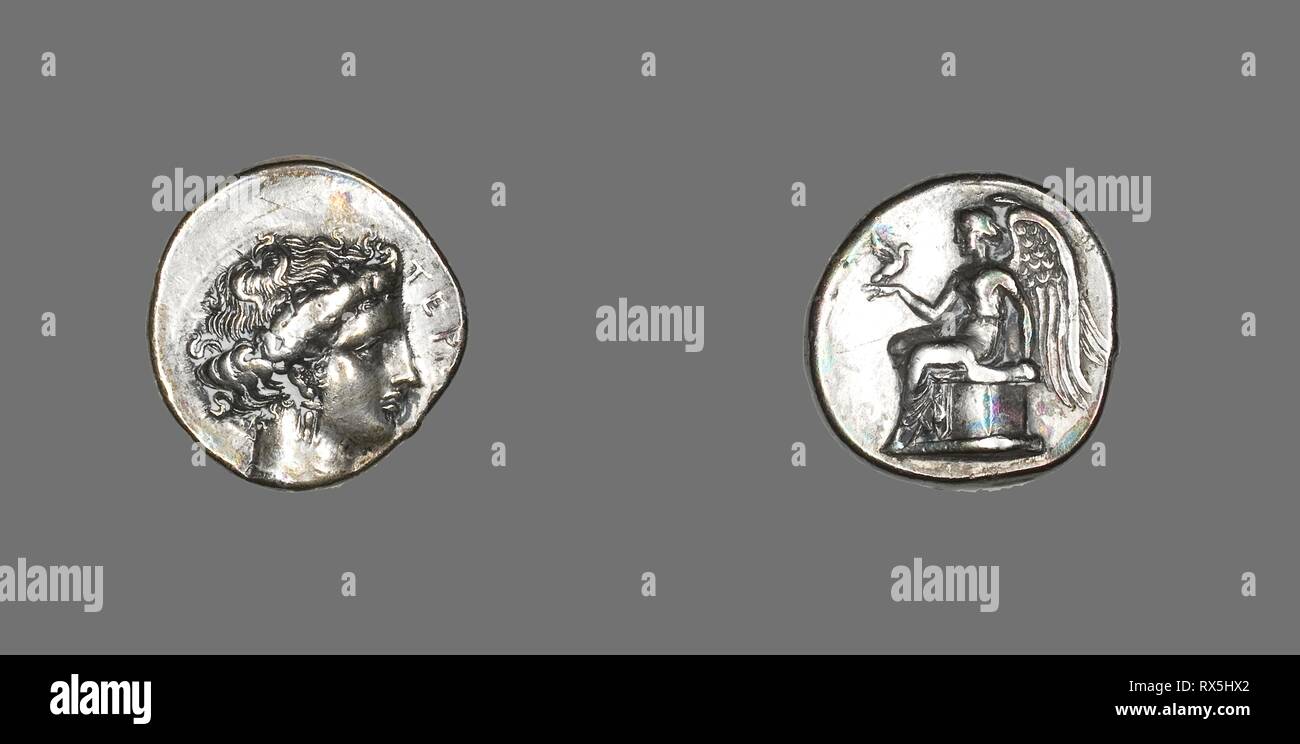 Stater (Coin) Depicting the Nymph Terrina. Greek, minted in Terina, Bruttium, Italy. Date: 375 BC-356 BC. Dimensions: Diam. 2.1 cm; 7.60 g. Silver. Origin: Terina. Museum: The Chicago Art Institute. Author: ANCIENT GREEK. Stock Photo
