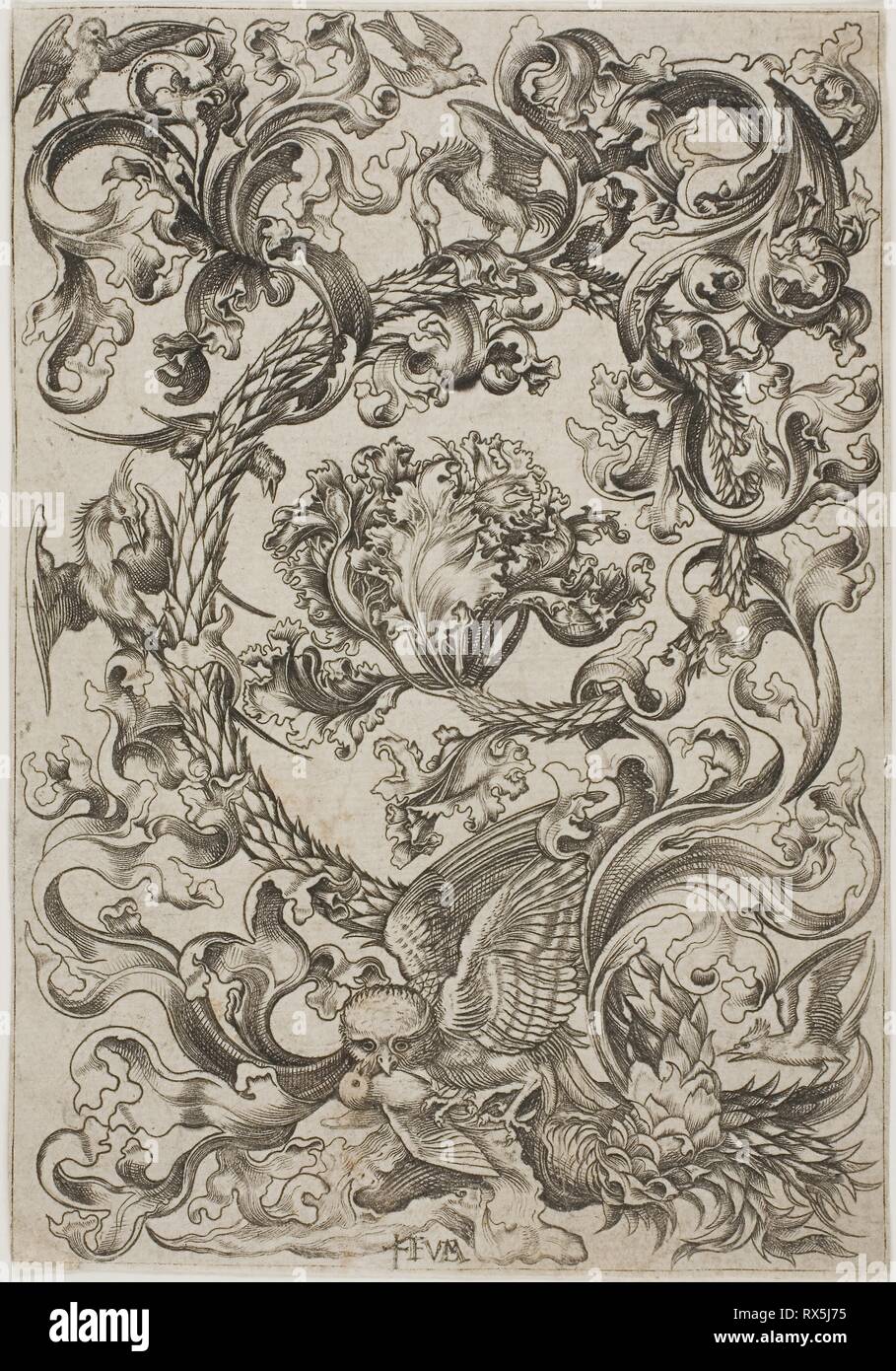 Ornament with Owl Mocked by Day Birds. Master F.V.B. (Netherlandish, active 1475-1500); after Martin Schongauer (German, c. 1450-1491). Date: 1475-1485. Dimensions: 149 x 98 mm (image/plate); 142 x 100 mm (sheet). Engraving on cream laid paper. Origin: Netherlands. Museum: The Chicago Art Institute. Stock Photo