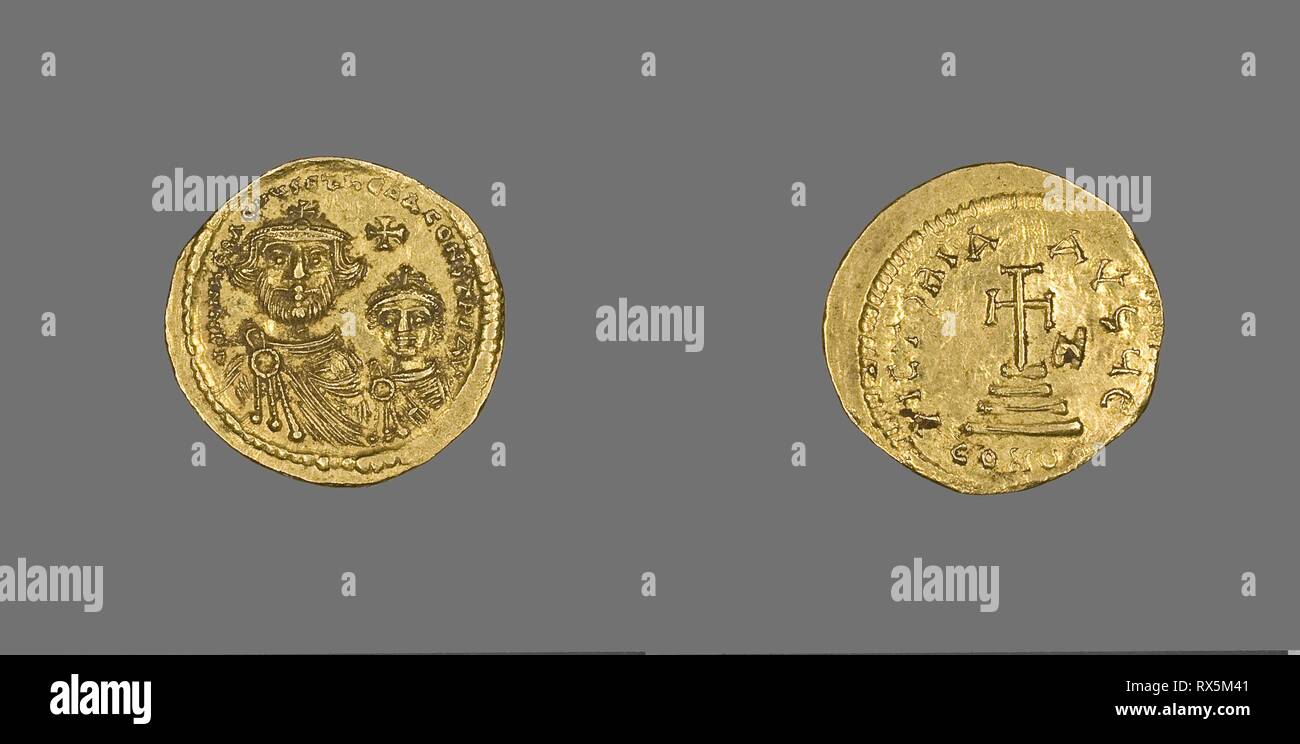Solidus (Coin) of Heraclius and Heraclius Constantine. Byzantine, minted in Constantinople. Date: 613 AD-616 AD. Dimensions: Diam. 2.1 cm; 4.41 g. Gold. Origin: Byzantine Empire. Museum: The Chicago Art Institute. Stock Photo