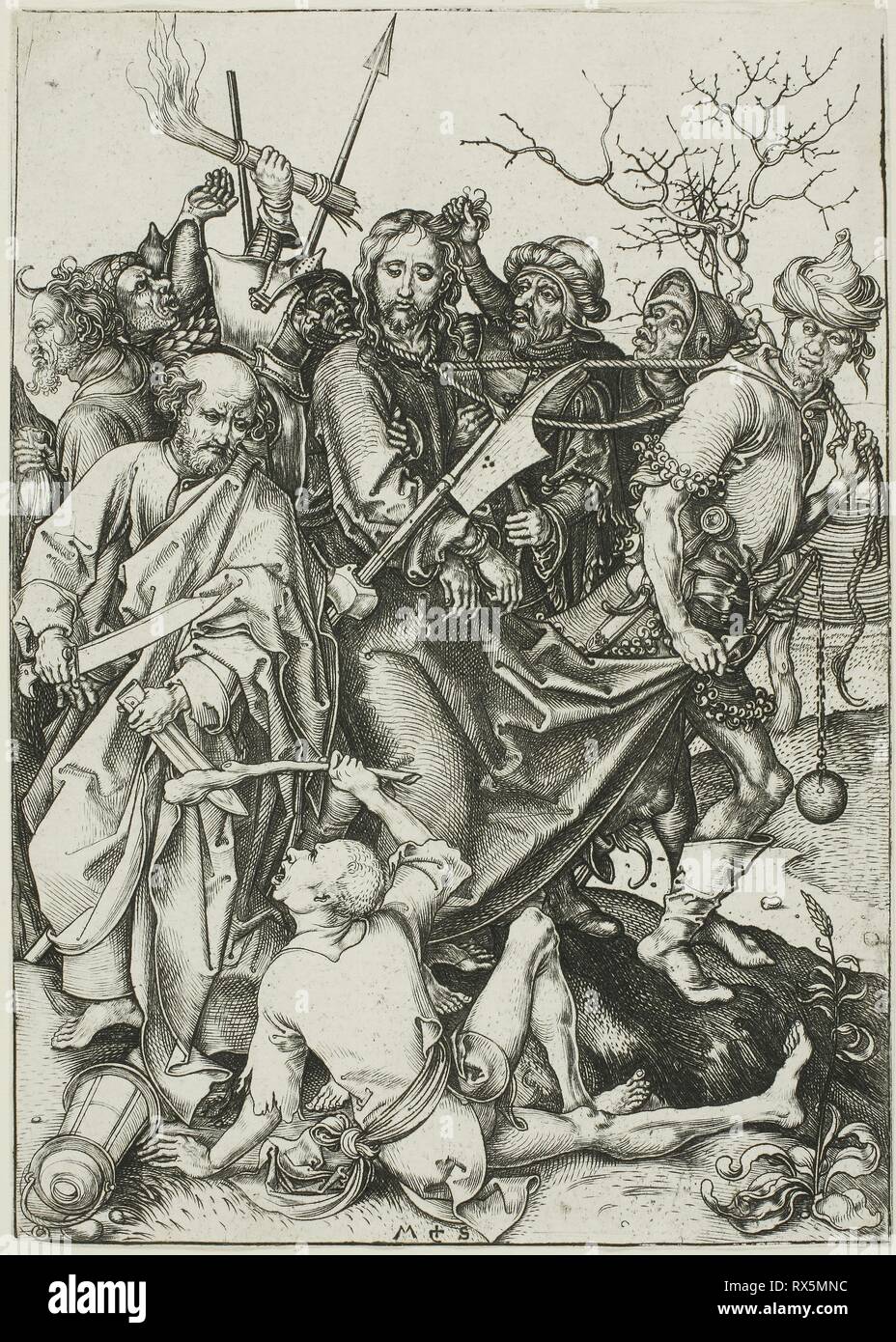 The Betrayal of Christ, from The Passion. Martin Schongauer; German, c. 1450-1491. Date: 1475-1485. Dimensions: 164 x 117 mm (sheet trimmed within plate mark). Engraving on paper. Origin: Germany. Museum: The Chicago Art Institute. Stock Photo