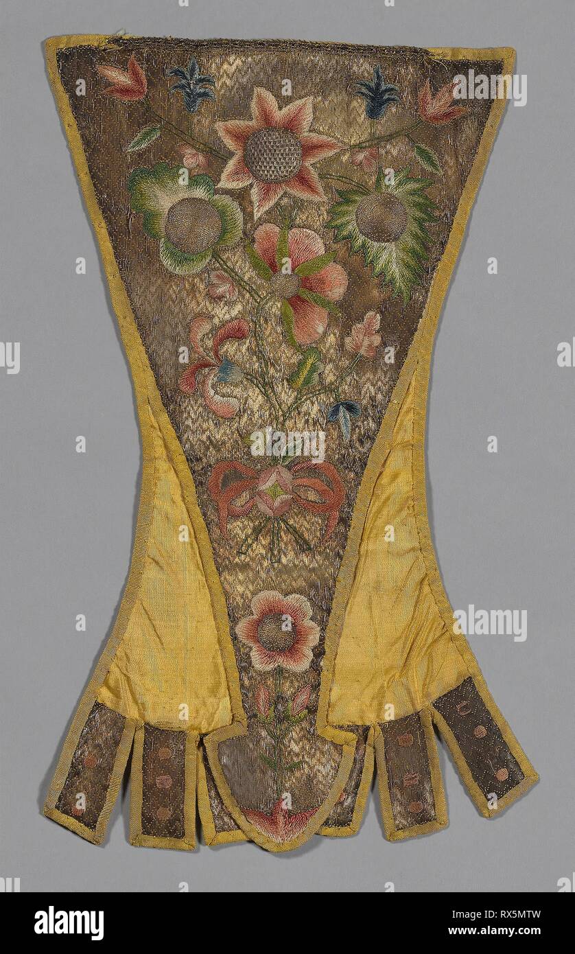 Stomacher. England. Date: 1601-1700. Dimensions: 35.4 × 21.5 cm (13 7/8 × 8 1/2 in.). Silk, weft-faced plain weave; embroidered with silk and metal threads in couched, satin and outline stitches. Origin: England. Museum: The Chicago Art Institute. Stock Photo