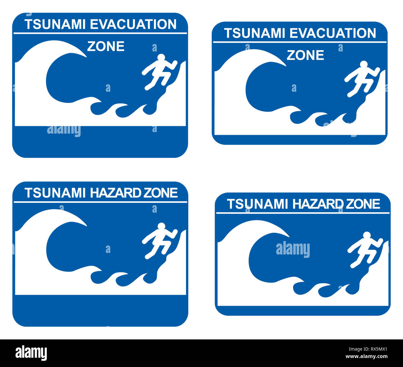 Tsunami warning signs showing evacuation and hazard zones Stock Photo 