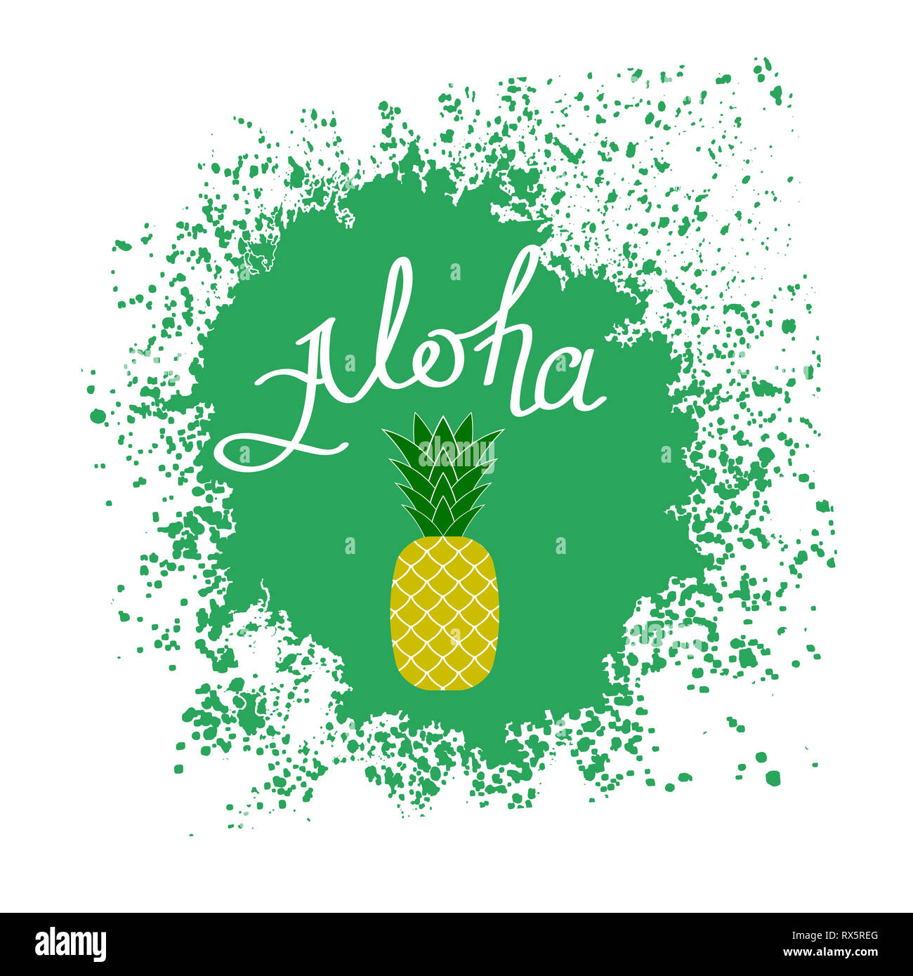 Lettering AlohaText with Pineapple. Hand Sketched Aloha Typography Sign Stock Photo