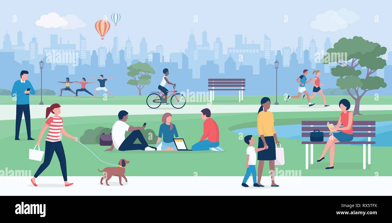 Happy people enjoying at the park, practicing sports, relaxing and connecting Stock Vector