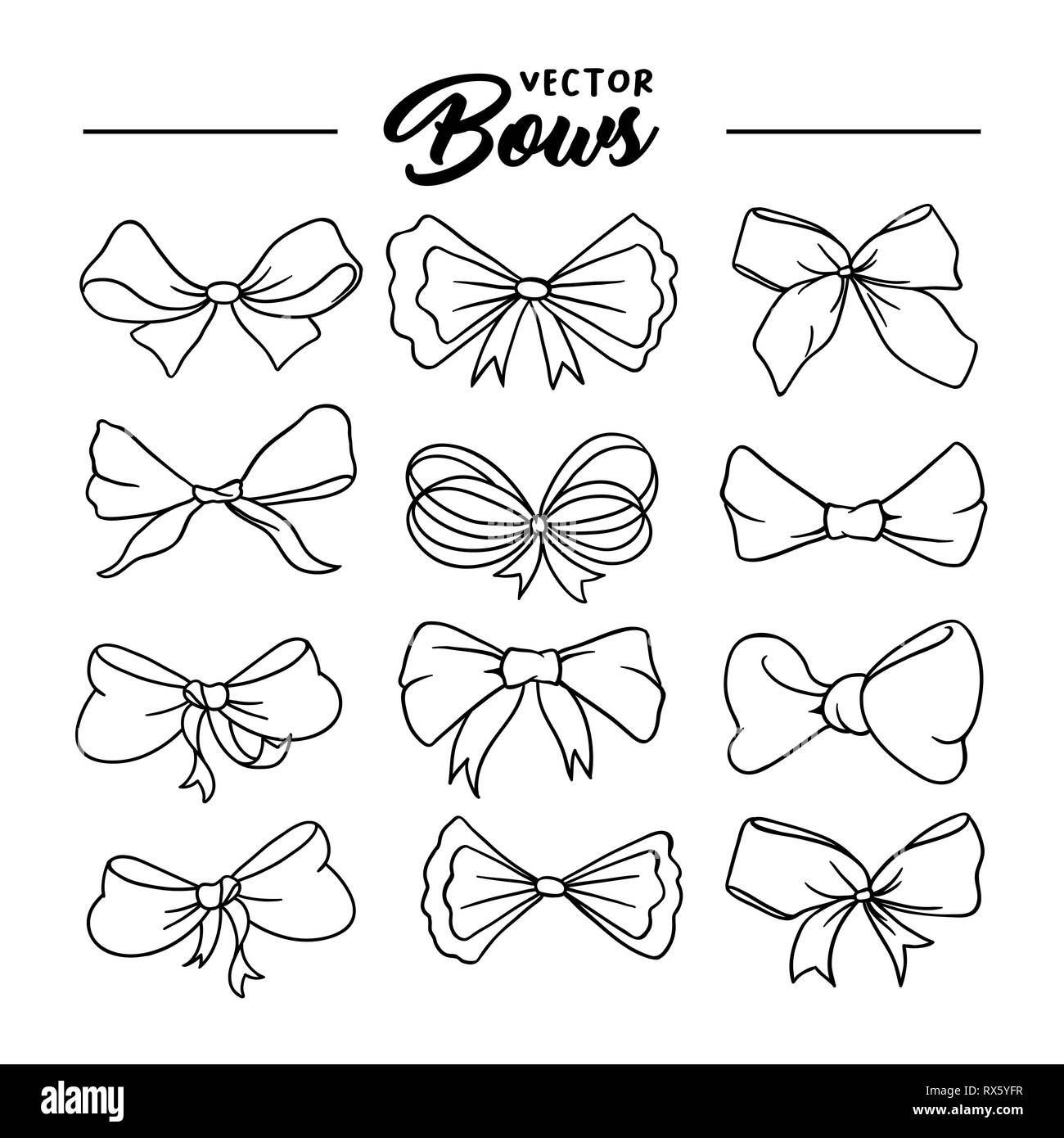 Bows handdrawn illustrations set. Ribbon knots linear drawings. Ink pen bowknots contour cliparts. Bow-tie sketches outline collection. Coloring book, greeting card thin line isolated design elements Stock Vector
