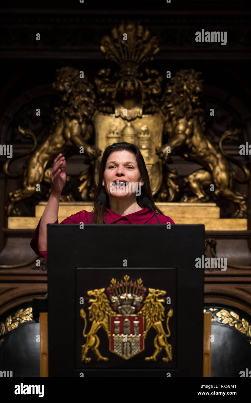 Hamburg, Germany. 08th Mar, 2019. Gender researcher Stevie Schmiedel, managing director and initiator of the protest organisation Pinkstinks, speaks at a senate reception on International Women's Day in the town hall. Parties, unions, and women's rights organizations have called for a rally for more equality in front of the Hamburg City Hall on World Women's Day. At the same time, the 'Hamburg Alliance for the International March 8 Strike' called on all 'women, lesbians, non-binary, trans and inter persons' to lay down their work. Credit: Christian Charisius/dpa/Alamy Live News Stock Photo