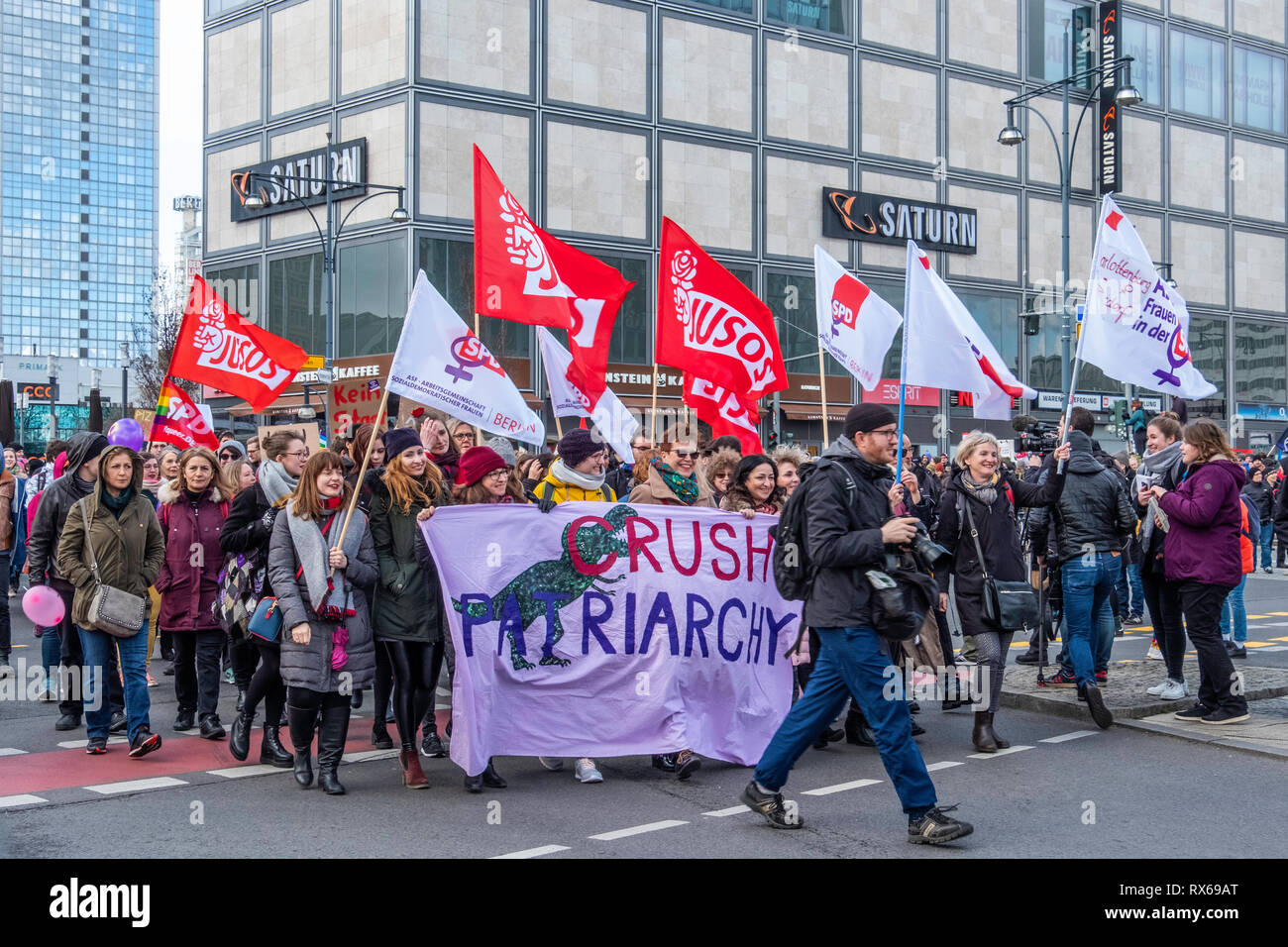 Berlin, Germany, 8th March 2019. People gather at 2pm at Alexanderplatz to  march to Kreuzberg. International Women's day is a public holiday for the  first time in Berlin – The other 15