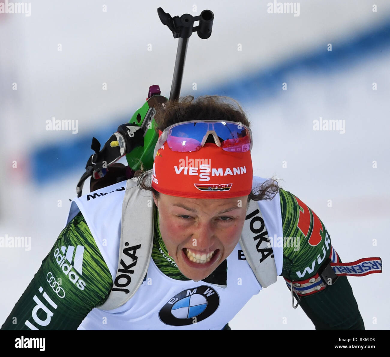 08 March 2019, Sweden, Östersund: Biathlon: world championship, sprint 7, 5 km, women. Laura Dahlmeier from Germany reacts at the finish. Photo: Sven Hoppe/dpa Stock Photo