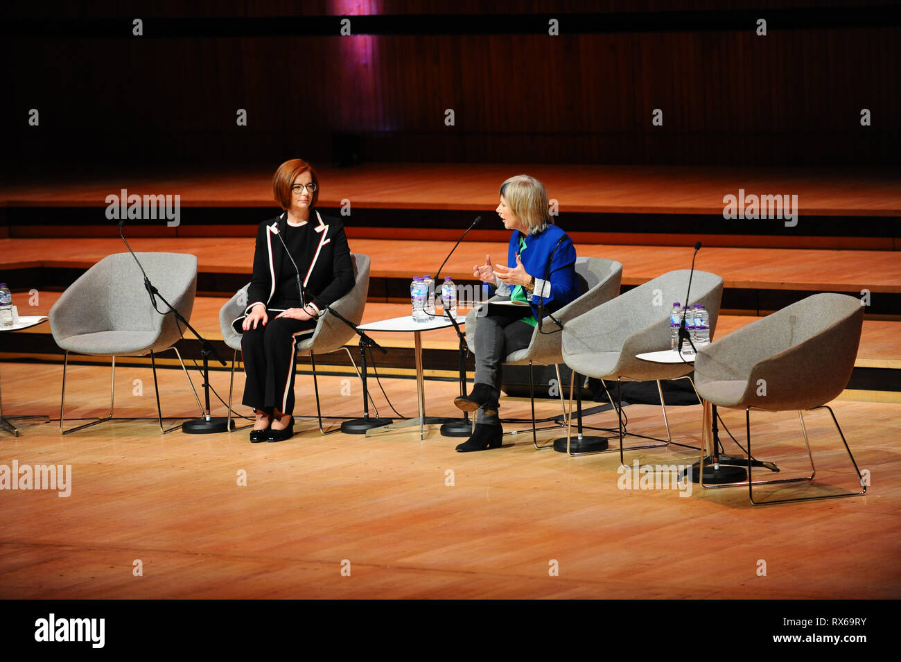 Julia Gillard (L) and Jude Kelly (R) seen speaking during the Women of the World Festival in Southbank London. Stock Photo