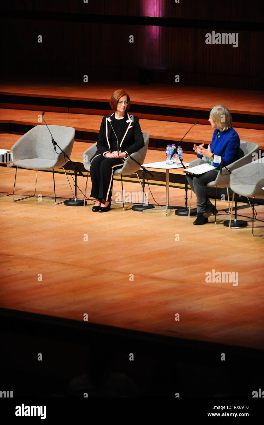 Julia Gillard (L) and Jude Kelly (R) seen speaking during the Women of the World Festival in Southbank London. Stock Photo