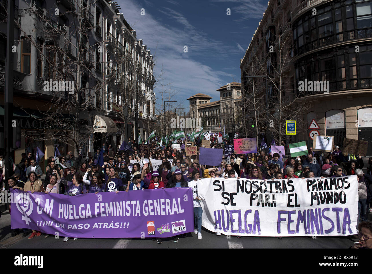 March 8, 2019 - Granada, Granada, Spain - Students seen demonstrating with banners along Gran Via street during the strike..Spanish people celebrate International Women's Day with a women's general strike against gender violence. (Credit Image: © Carlos Gil/SOPA Images via ZUMA Wire) Stock Photo