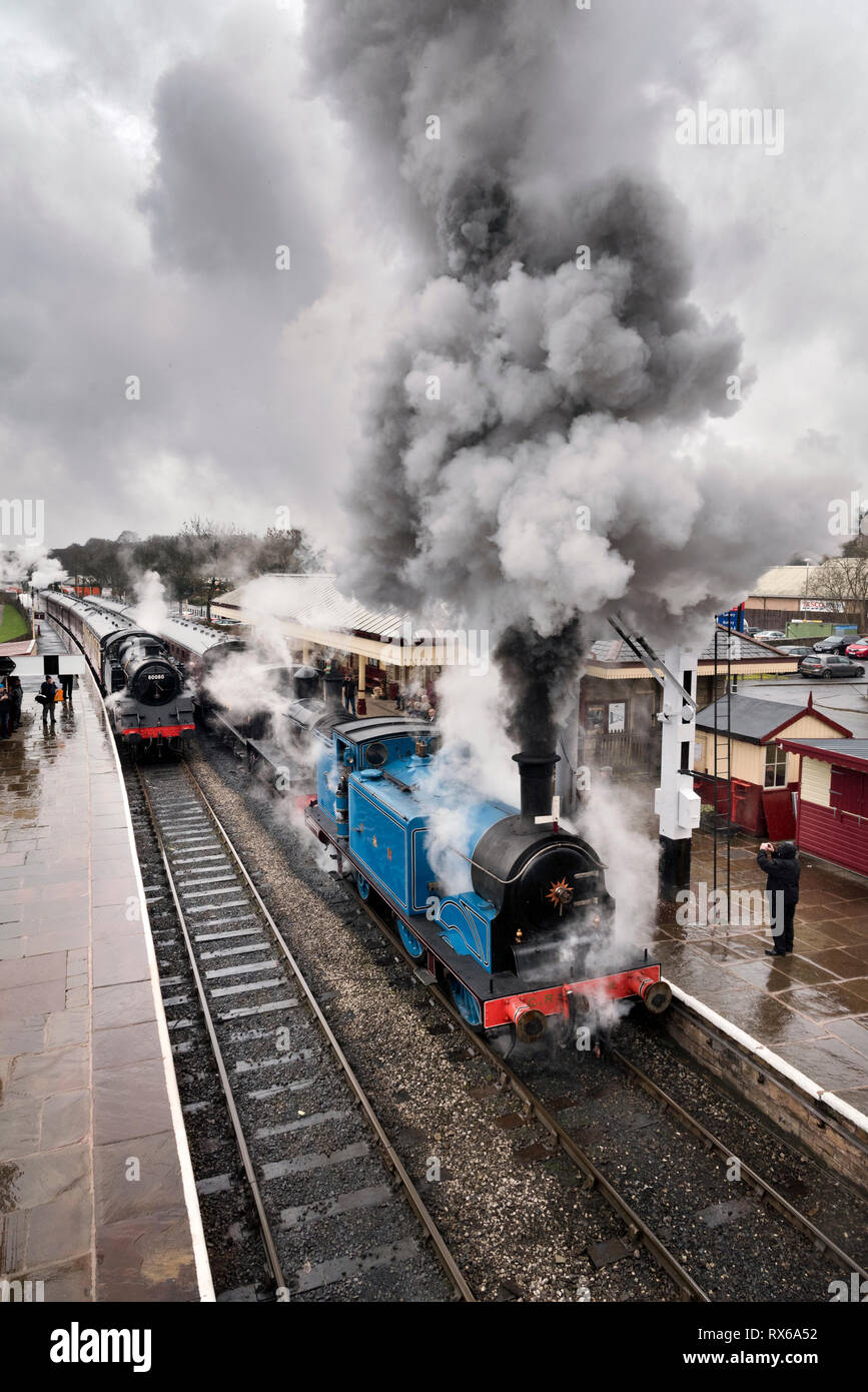 Ramsbottom, Lancashire, UK. 8th Mar 2019. The opening day of the East Lancashire Railway Spring Steam Gala Weekend 2019. Steam enthusiasts brave the rain at Ramsbottom Station, Lancashire. Credit: John Bentley/Alamy Live News Stock Photo