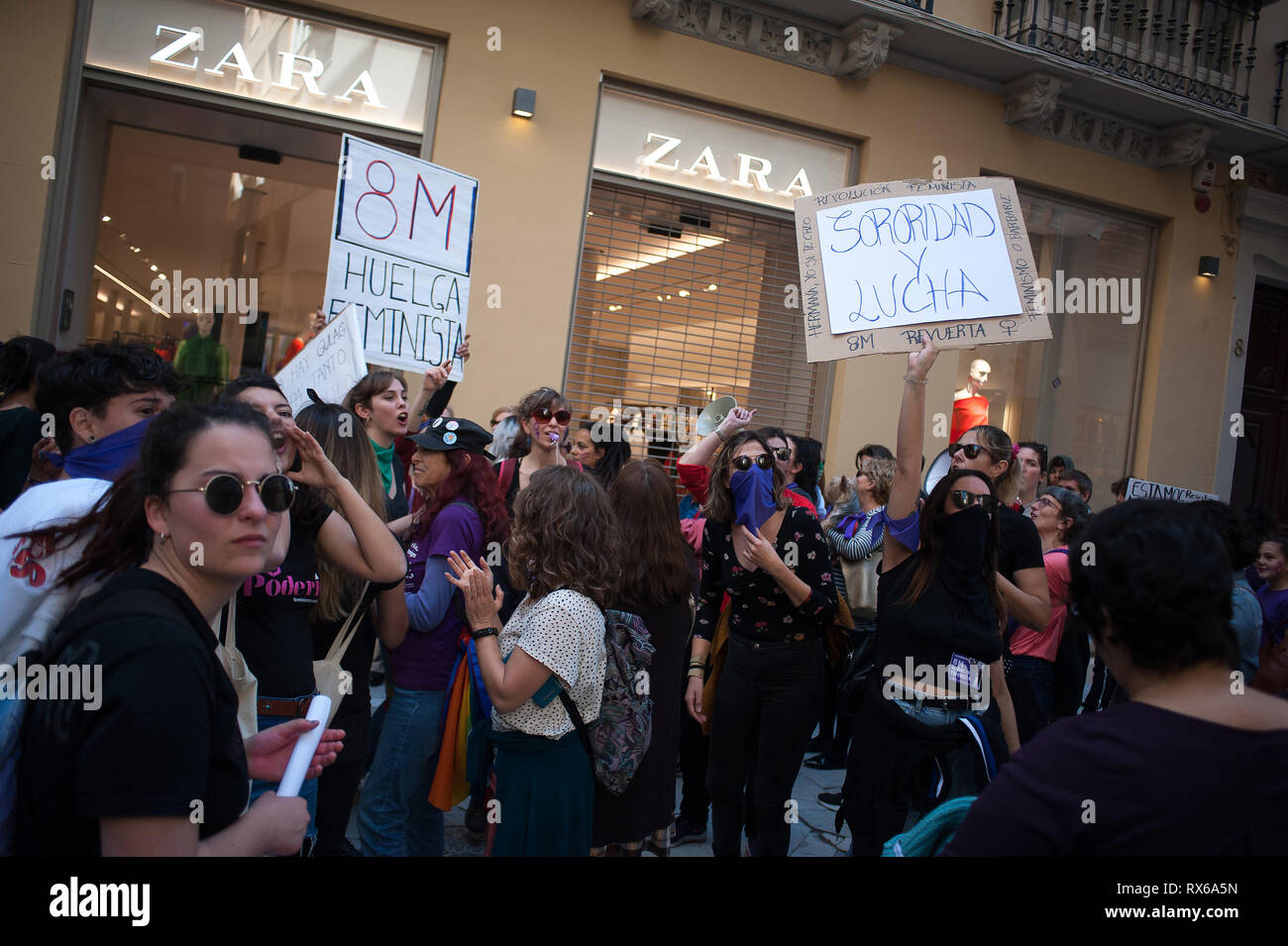 Malaga, MALAGA, Spain. 8th Mar, 2019. A group of picketers women are seen  seated outside zara shop as they take part during the 24-hours General  Women's Strike.A 24-hour General Women's Strike. Every