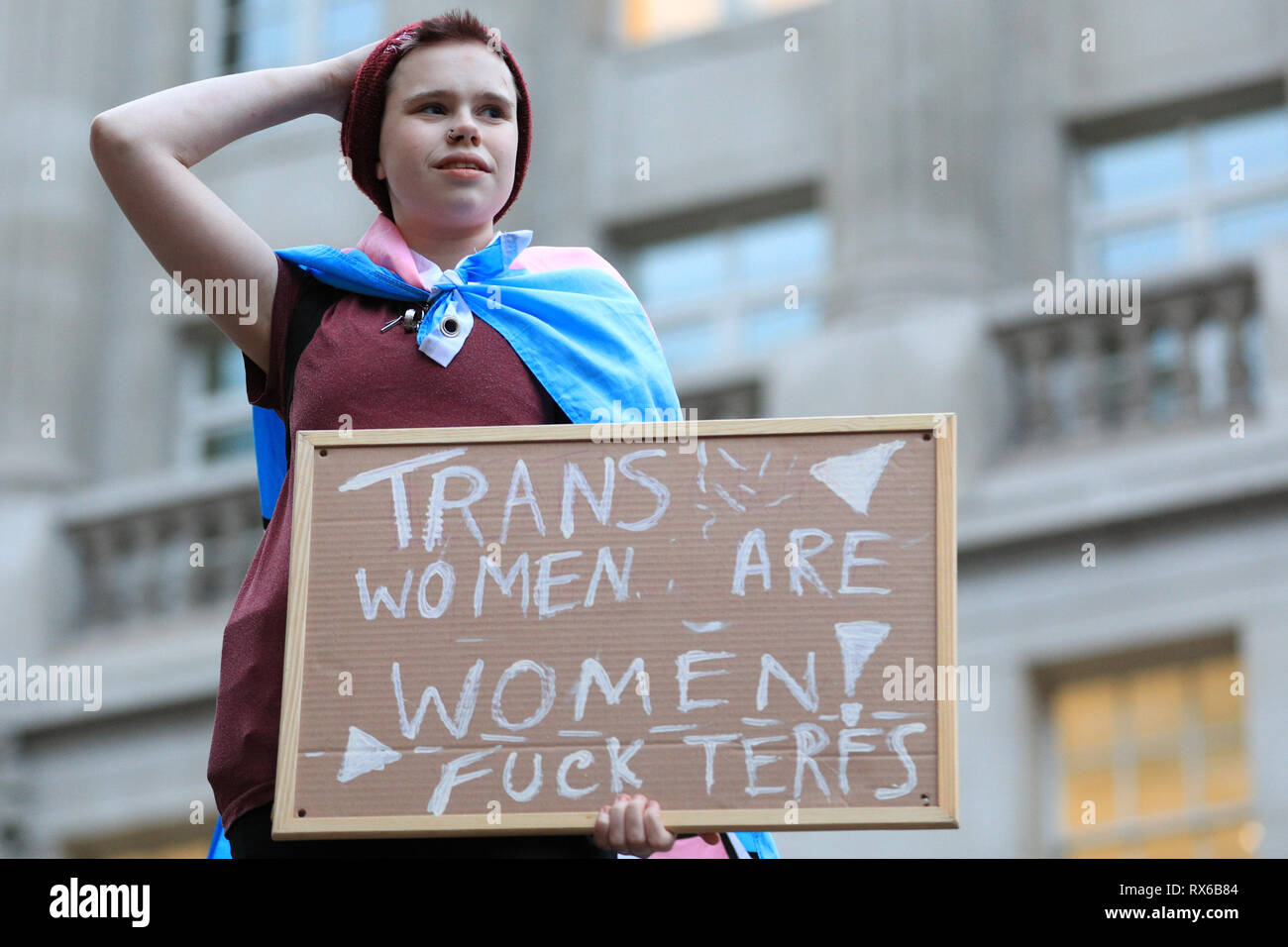 Bank of England, London, UK, 8th Mar 2019. Protesters make their voices heard with placards, banners and loud chants and cheerful shouting. Women from all walks of life join in the Women's Strike to protest for equality, women's rights and end to suppression around the world. Credit: Imageplotter/Alamy Live News Stock Photo