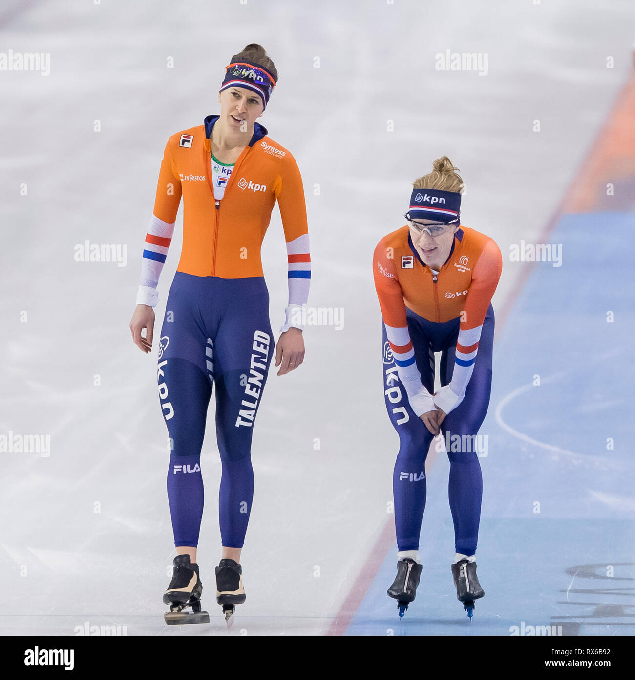 Salt Lake City, Utah Olympic Oval, USA. 8th Mar 2019., season 2018/2019,  ISU Worldcup Speedskating Finals. Ireen Wust (L) and Letitia de Jong (r)  during Training ISU World Cup Finals Credit: Pro