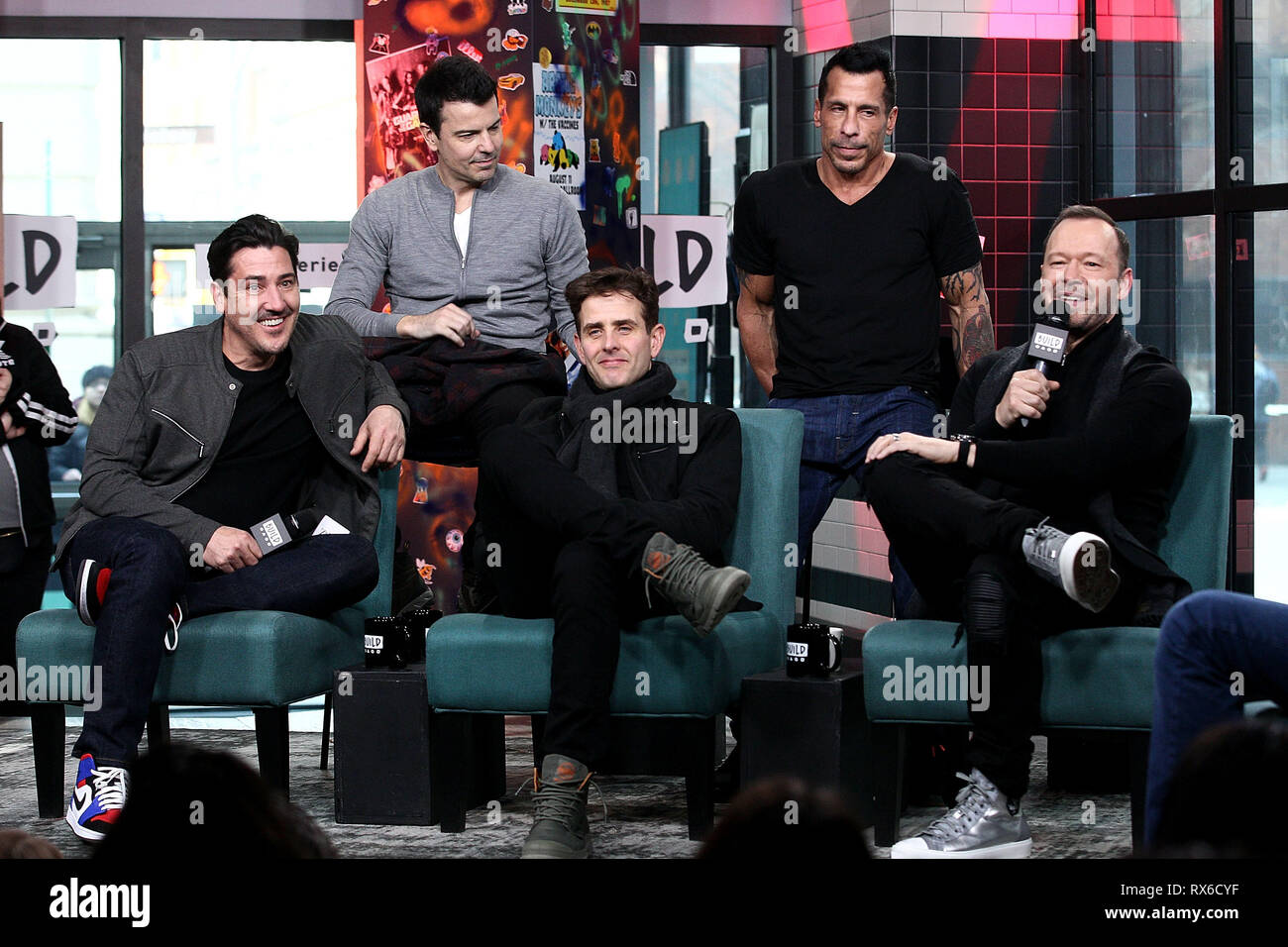 New York, USA. 08 Mar, 2019. Jonathan Knight, Jordan Knight, Joey McIntyre, Danny Mack, and, Donnie Whalberg at The Friday, Mar 8, 2019 BUILD Series with New Kids On The Block discussing The 'Hangin' Tough' reissue at BUILD Studio in New York, USA. Credit: Steve Mack/S.D. Mack Pictures/Alamy Live Credit: Steve Mack/Alamy Live News Stock Photo