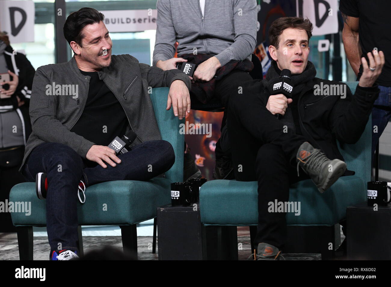 New York, USA. 08 Mar, 2019. Jordan Knight, Joey McIntyre at The Friday, Mar 8, 2019 BUILD Series with New Kids On The Block discussing The 'Hangin' Tough' reissue at BUILD Studio in New York, USA. Credit: Steve Mack/S.D. Mack Pictures/Alamy Live Credit: Steve Mack/Alamy Live News Stock Photo