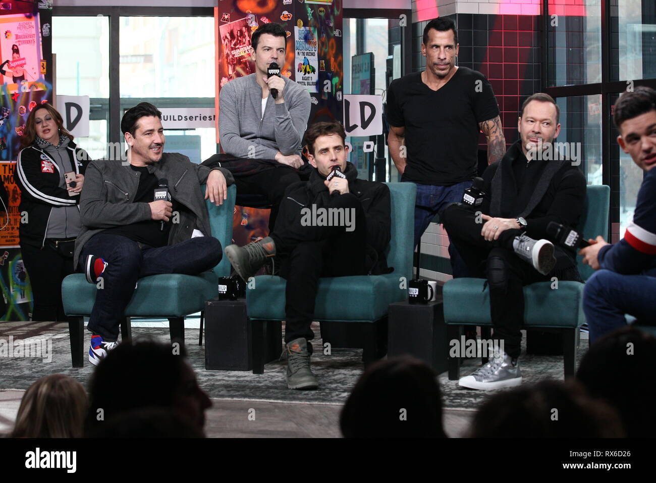 New York, USA. 08 Mar, 2019. Jonathan Knight, Jordan Knight, Joey McIntyre, Danny Mack, and, Donnie Whalberg at The Friday, Mar 8, 2019 BUILD Series with New Kids On The Block discussing The 'Hangin' Tough' reissue at BUILD Studio in New York, USA. Credit: Steve Mack/S.D. Mack Pictures/Alamy Live Credit: Steve Mack/Alamy Live News Stock Photo