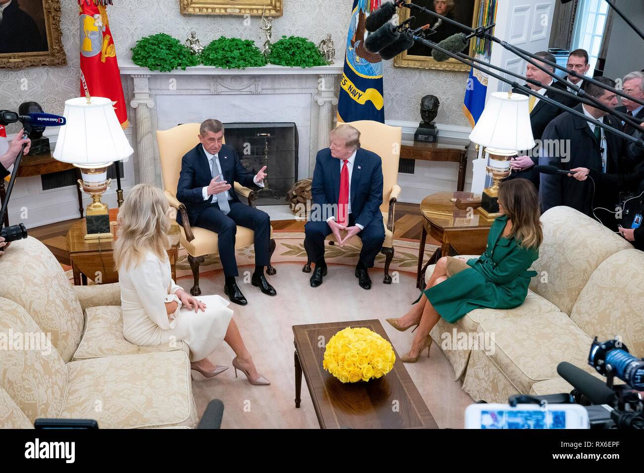 U.S President Donald Trump, First Lady Melania Trump sit together with Czech Prime Minister Andrej Babis and his wife Monika Babisova before a bilateral meeting in the Oval Office of the White House March 7, 2019 in Washington, DC. Stock Photo