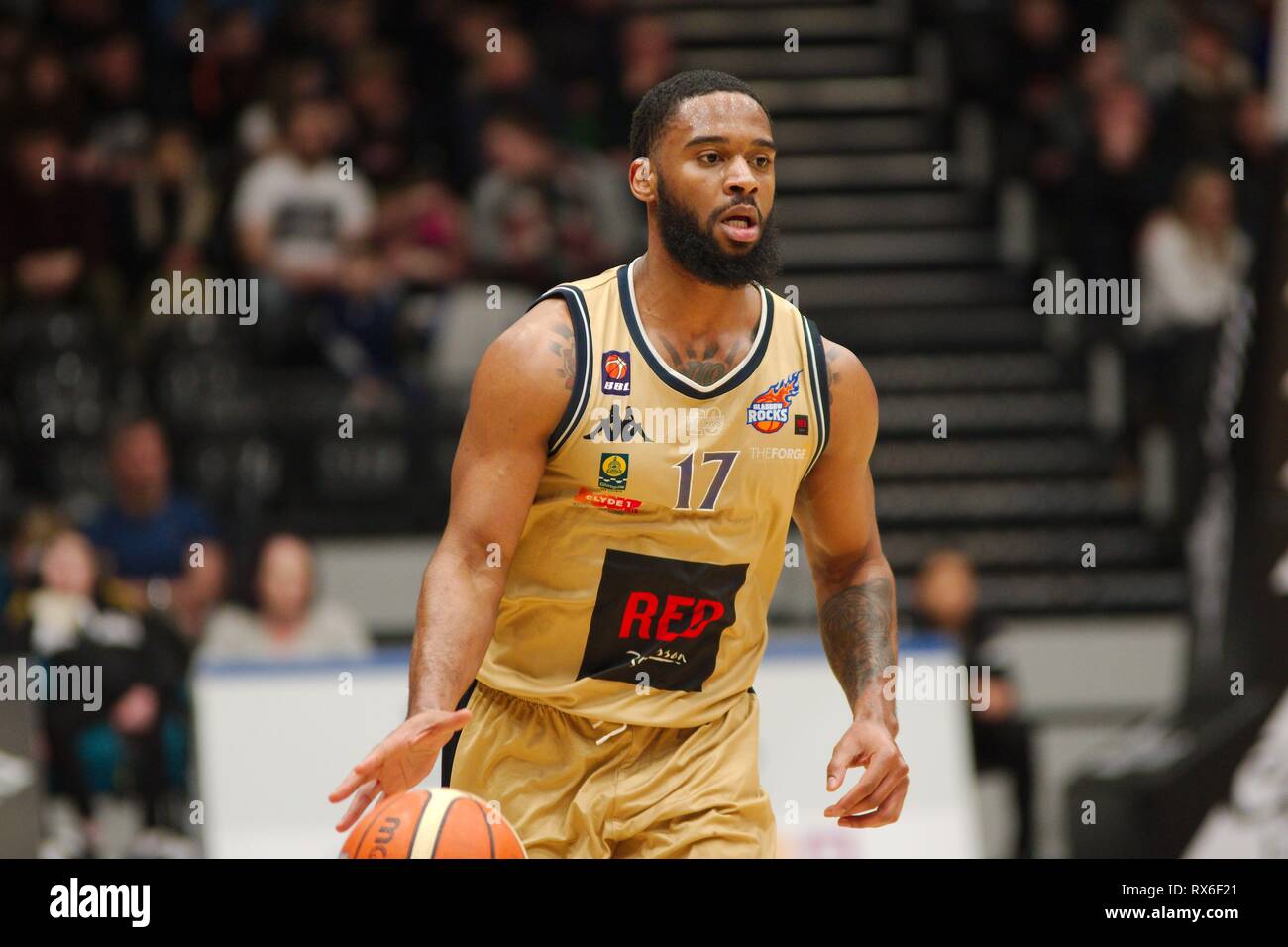 Newcastle upon Tyne, UK. 08 March 2019. Greg Pryor playing for Radisson RED Glasgow Rocks against Esh Group Eagles Newcastle in the British Basketball League championship match at the Eagles Community Arena in Newcastle upon Tyne. Credit: Colin Edwards/Alamy Live News. Stock Photo
