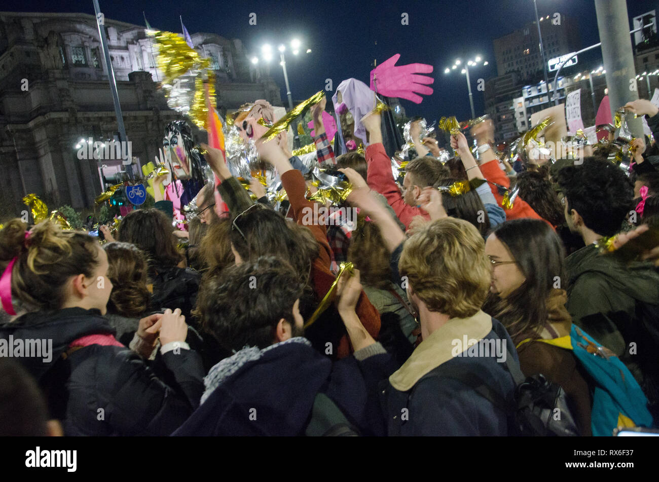 Milan, Italy. 8th Mar 2019. People take part in a demonstration as part of the International Women's Day on March 8th 2019 Stock Photo