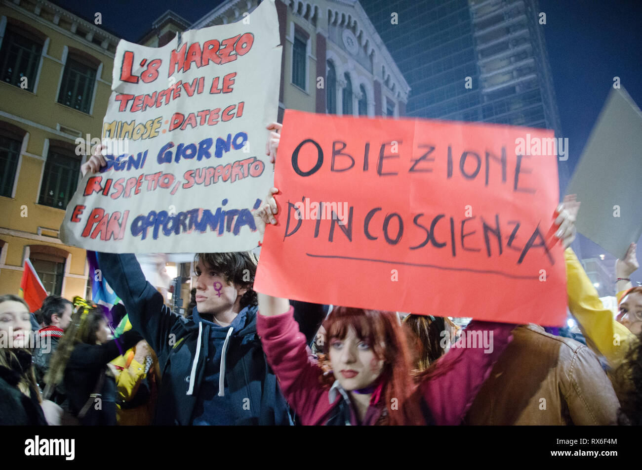Milan, Italy. 8th Mar 2019. People take part in a demonstration as part of the International Women's Day on March 8th 2019 Stock Photo