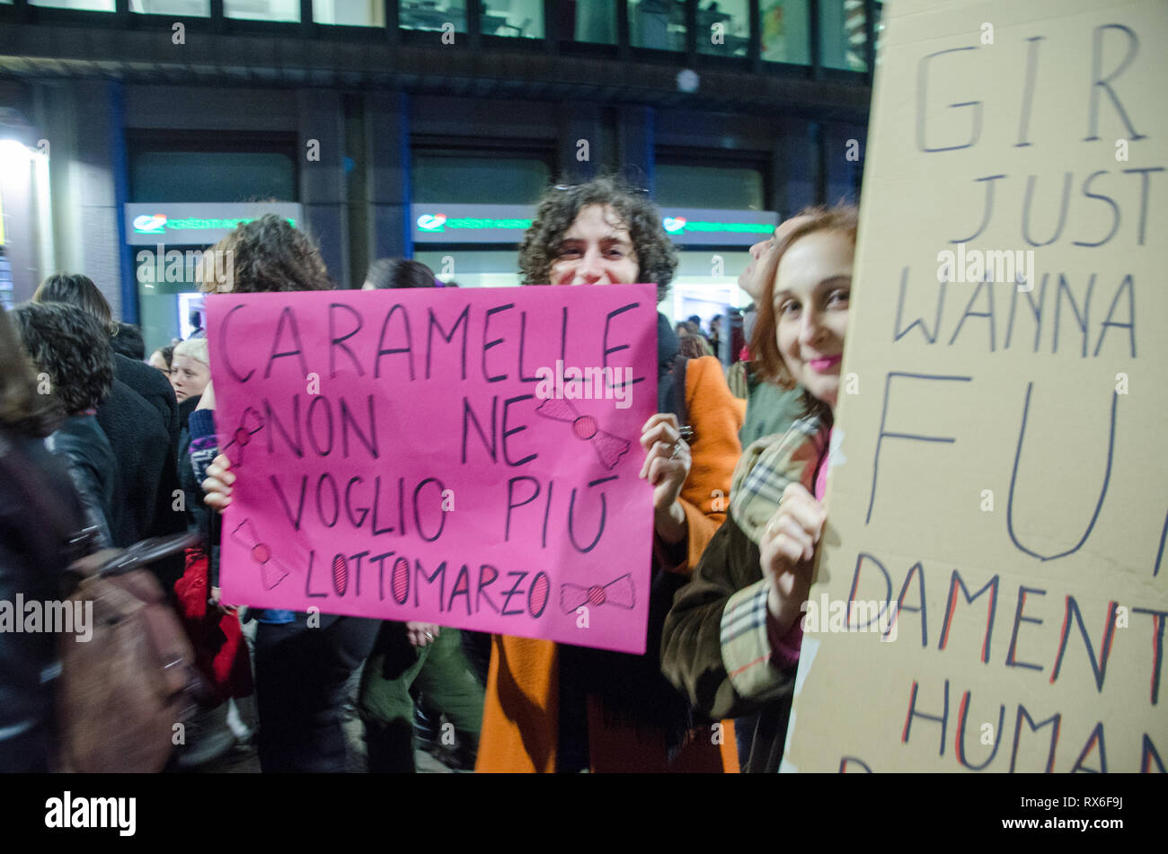 Milan, Italy. 8th Mar 2019. People take part in a demonstration as part of the International Women's Day on March 8th 2019 Credit: Pandarius/Alamy Live News Stock Photo