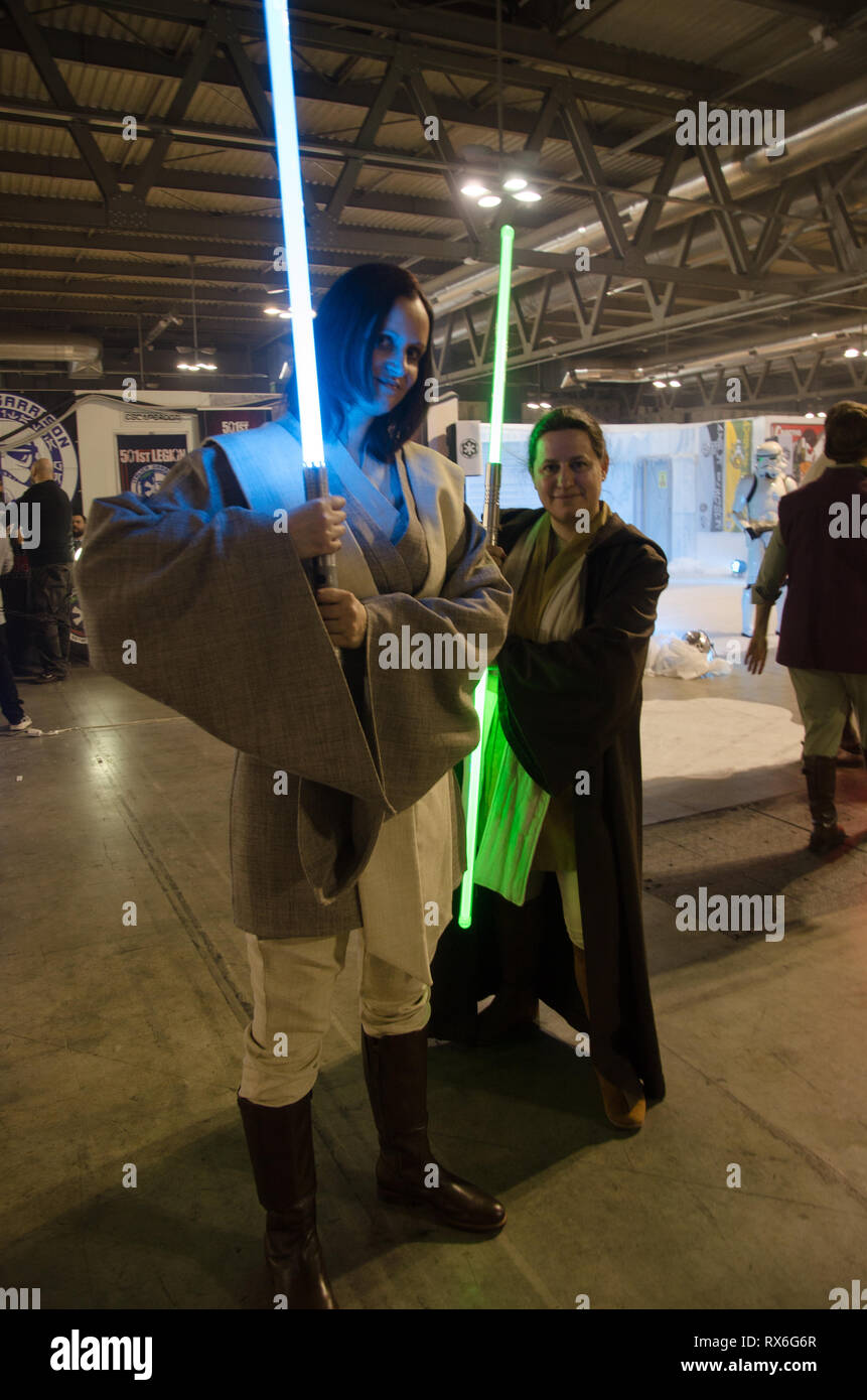 Milan, Italy. 8th Mar 2019. Cosplayers performing as Star Wars jedi during  Cartoomics in Milano. March 8th, 2018 Credit: Pandarius/Alamy Live News  Stock Photo - Alamy