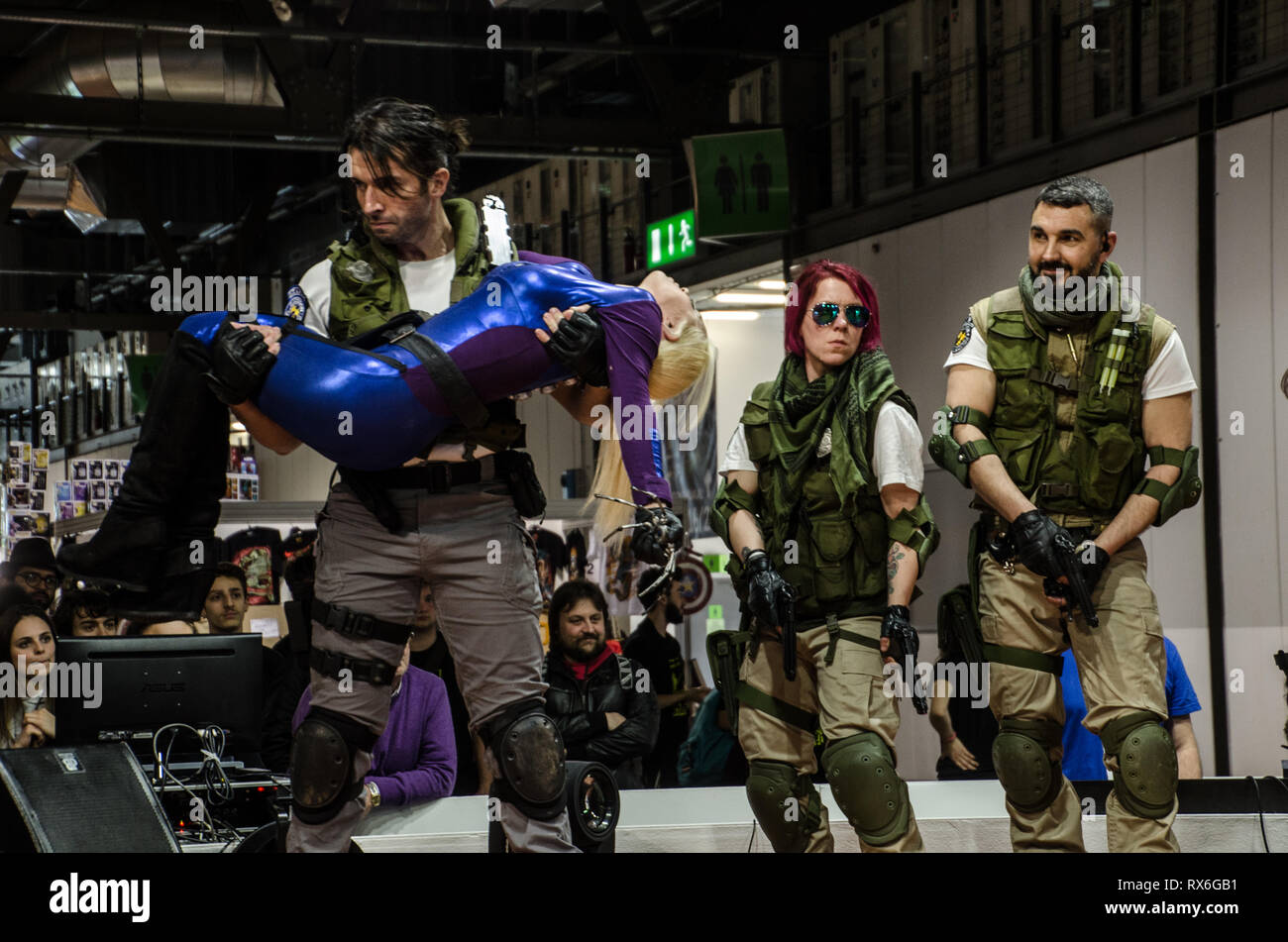 Milan, Italy. 8th Mar 2019. Resident Evil Reenactment group performs a show during Cartoomics in Milano. March 8th, 2018 Credit: Pandarius/Alamy Live News Stock Photo
