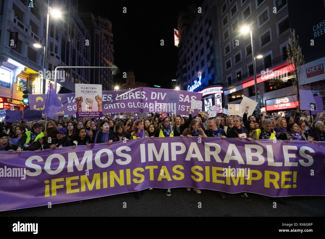 Madrid, Spain. 8th March, 2019. Demonstrator carrying the main banner of the demonstration with the moto 'We are unstoppable, feminist always' during the demonstration held in Madrid during the celebrations of the International Women's Day. Credit:  Valentin Sama-Rojo/Alamy Live News. Stock Photo