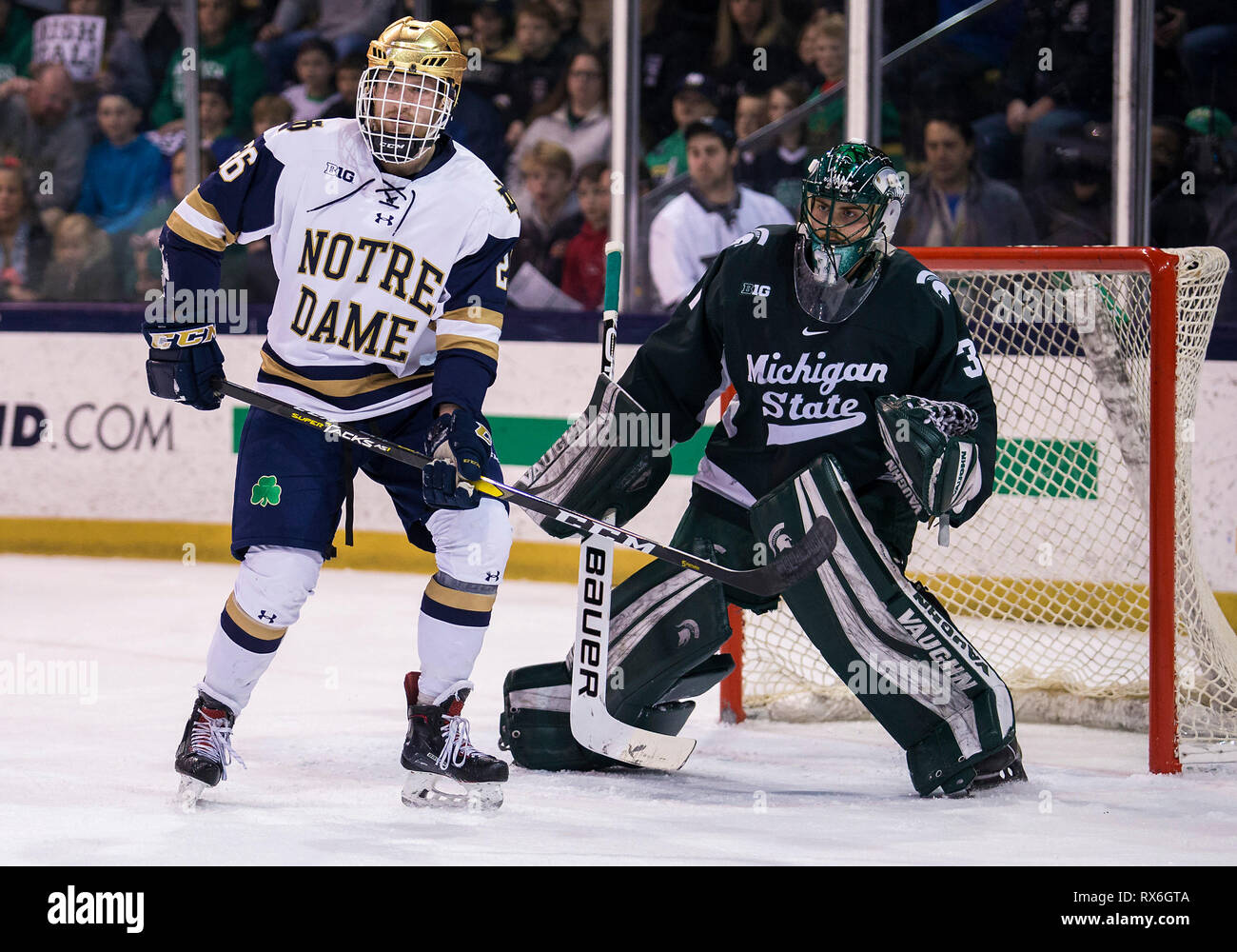 South Bend, Indiana, USA. 08th Mar, 2019. Notre Dame forward Cam Morrison  (26) sets screen in front of Michigan State goaltender John Lethemon (31)  during NCAA Hockey game action between the Michigan