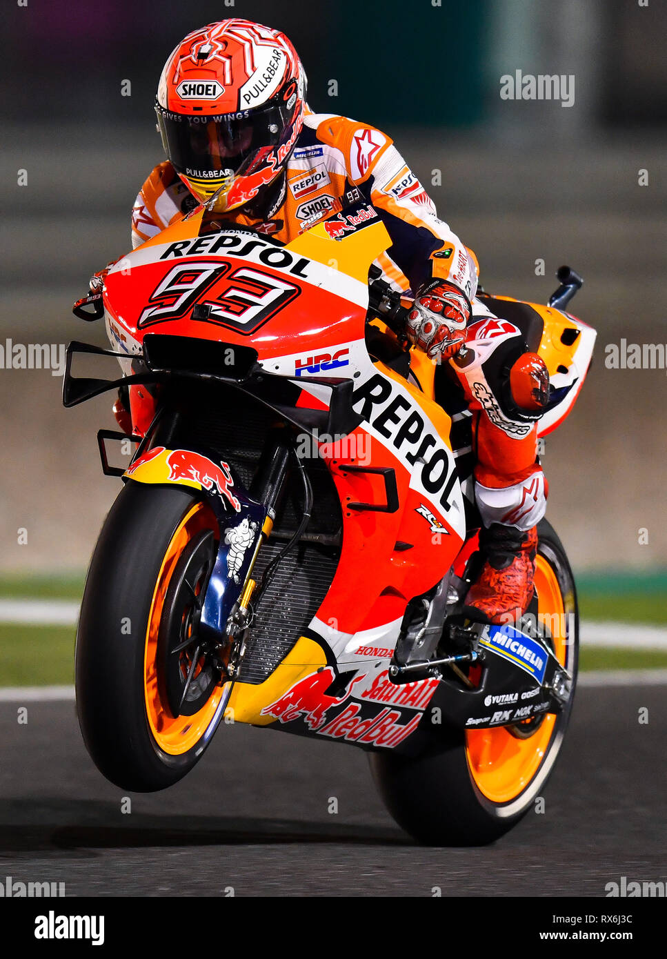 Doha, Qatar. 8th Mar, 2019. Spanish MotoGP rider Marc Marquez of Repsol  Honda Team competes during the 2nd free practice of 2019 MotoGP Grand Prix  of Qatar at Losail Circuit of Doha,