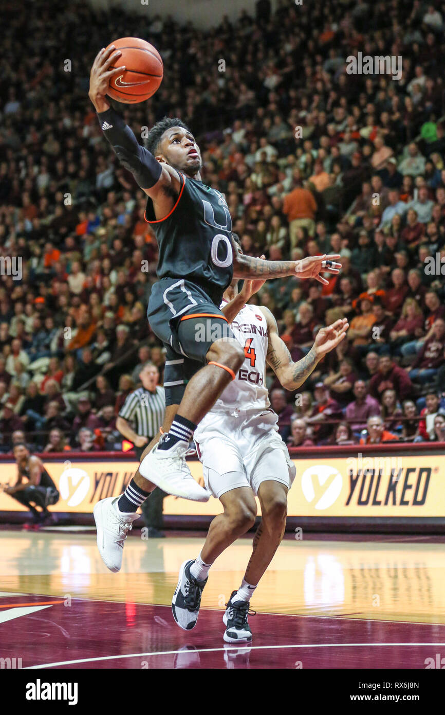Cassell Coliseum Blacksburg VA USA. 8th Mar 2019. Miami Fl Hurricanes guard Chris Lykes 0 takes a fast break layup during NCAA basketball action between the Miami Fl Hurricanes and the Virginia