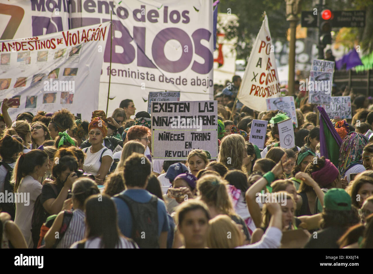 Buenos Aires, Federal Capital, Argentina. 8th Mar, 2019. On the occasion of International Women's Day, feminist groups from across the country called for a march throughout the country. At around 8:30 pm, more than 100 thousand people were present at the mobilization and subsequent concentration.In the center of Buenos Aires, since the morning, various groups of women took to the streets to make their demands heard. In the streets surrounding the National Congress there are several groups that claimed from the early hours of the afternoon for the rights of women. (Credit Image: © Roberto A Stock Photo