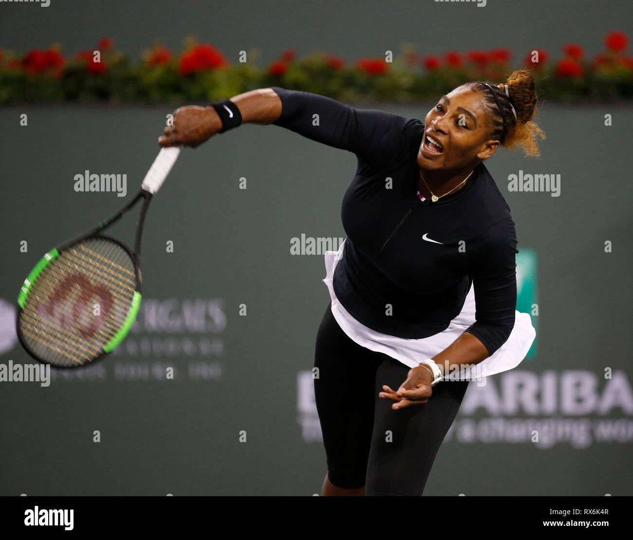 March 08 2019 Serena Williams Serves Against Victoria Azarenka Blr In Their Match During The 2019 Bnp Paribas Open At Indian Wells Tennis Garden In Indian Wells California Charles Baus Csm Stock Photo Alamy
