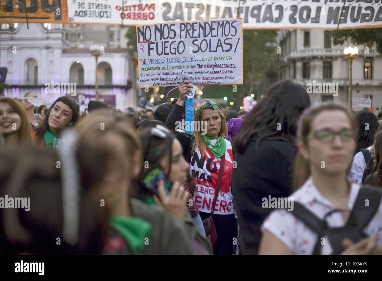 Buenos Aires, Federal Capital, Argentina. 8th Mar, 2019. On the occasion of International Women's Day, feminist groups from across the country called for a march throughout the country. At around 8:30 pm, more than 100 thousand people were present at the mobilization and subsequent concentration.In the center of Buenos Aires, since the morning, various groups of women took to the streets to make their demands heard. In the streets surrounding the National Congress there are several groups that claimed from the early hours of the afternoon for the rights of women. (Credit Image: © Roberto A Stock Photo