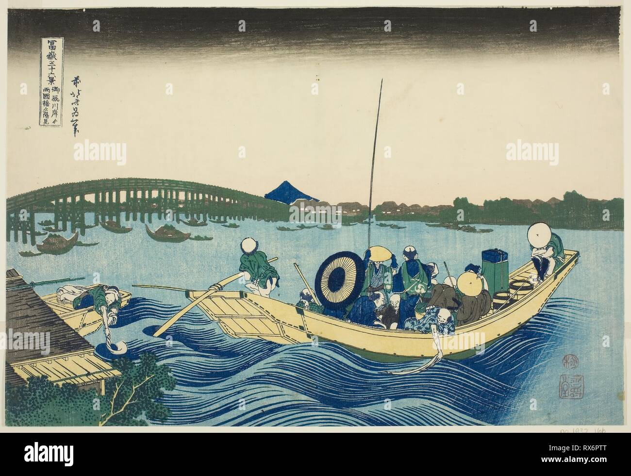 Viewing Sunset over the Ryogoku Bridge from the Onmaya Embankment (Onmayagashi yori Ryogokubashi sekiyo o miru), from the series 'Thirty-six Views of Mount Fuji (Fugaku sanjurokkei)'. Katsushika Hokusai ?? ??; Japanese, 1760-1849. Date: 1825-1838. Dimensions: 10 x 14 3/4 in. Color woodblock print; oban. Origin: Japan. Museum: The Chicago Art Institute. Stock Photo