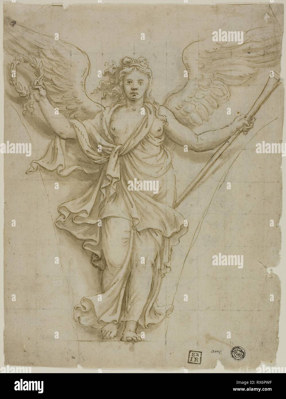 Spandrel Design with Allegorical Figure of Fame (recto); Design for Coat of Arms (verso). Workshop of Giulio Pippi, called Giulio Romano; Italian, c. 1499-1546. Date: 1500-1535. Dimensions: 257 x 196 mm. Pen and brown ink with brush and brown wash (recto), and black chalk (verso), on ivory laid paper, recto squared in black chalk. Origin: Italy. Museum: The Chicago Art Institute. Stock Photo