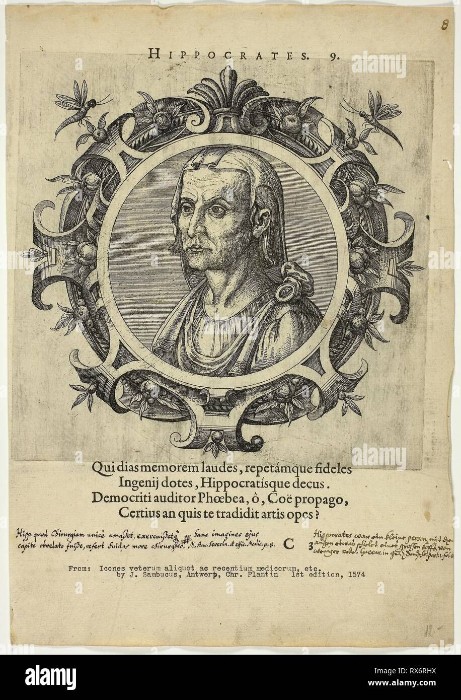 Portrait of Hippocrates. Unknown Artist (Flemish); written by Johannes Sambucus (Flemish, 1531-1584). Date: 1574. Dimensions: 198 × 200 mm (image/plate); 311 × 217 mm (sheet). Etching, with engraving, on cream laid paper. Origin: Flanders. Museum: The Chicago Art Institute. Stock Photo