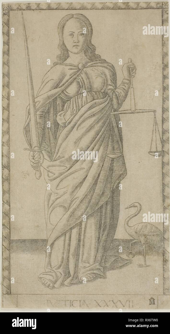 Master of the E-Series Tarocchi. Justice, plate 37 from Genii and Virtues.  1460–1470. Italy. Engraving in black on tan laid paper This delicate work,  designed and engraved by an unknown artist, is from a series of 50 prints  erroneously thought to be Tarocchi ...