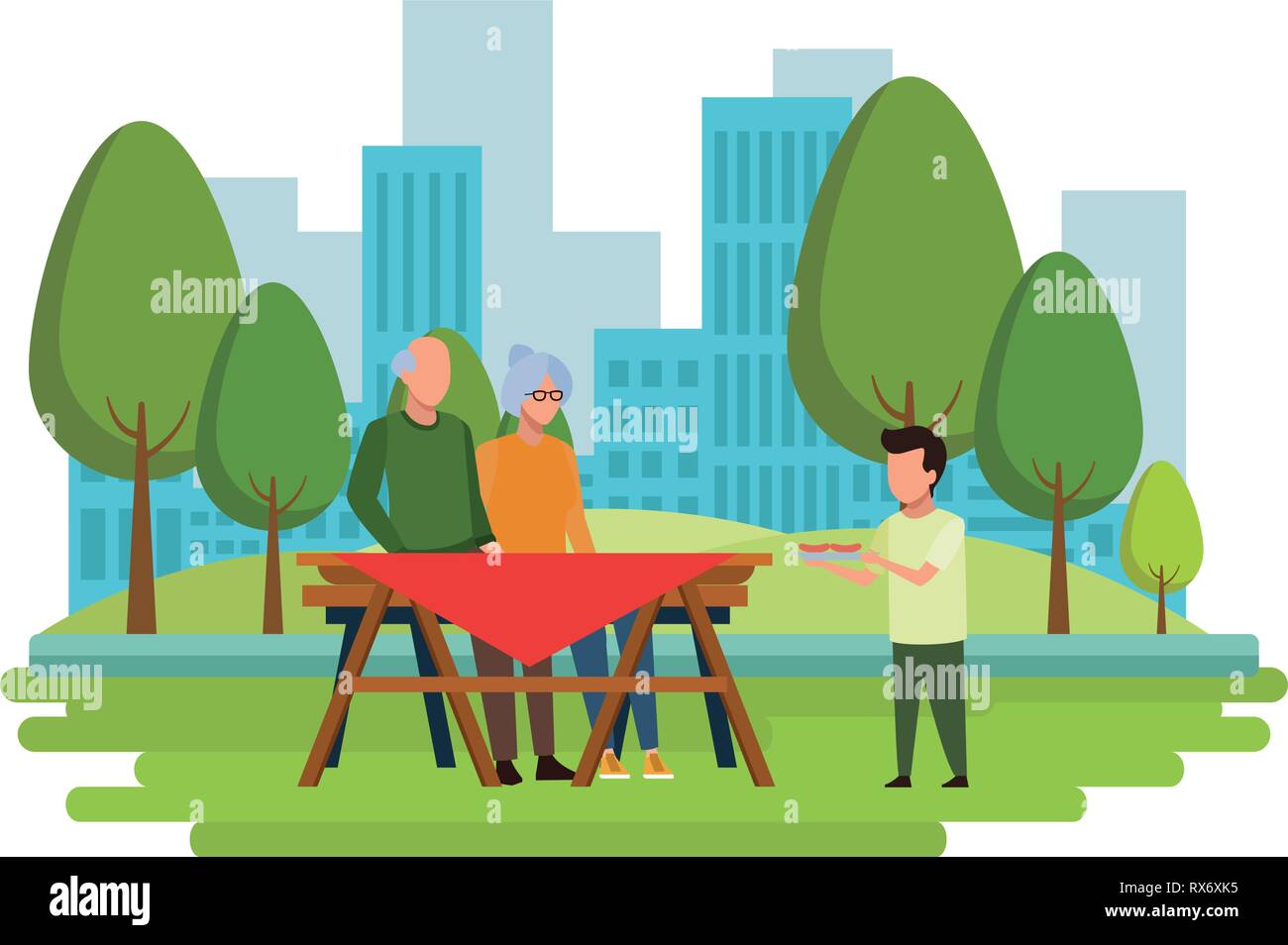 Faceless grandparents table outdoor barbecue food vector illustration graphic design