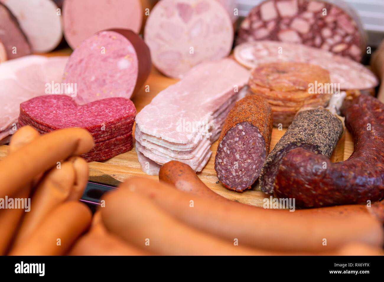 Illustration Meat, symbolic photo of meat and sausage in a butcher