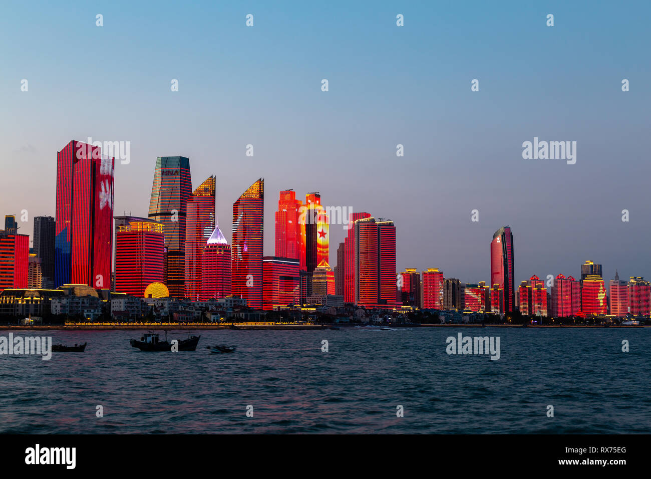 July 2018 - Qingdao, China - The new lightshow of Qingdao skyline created for the SCO summit between China and Russia of June 2018 seen from the Bathi Stock Photo