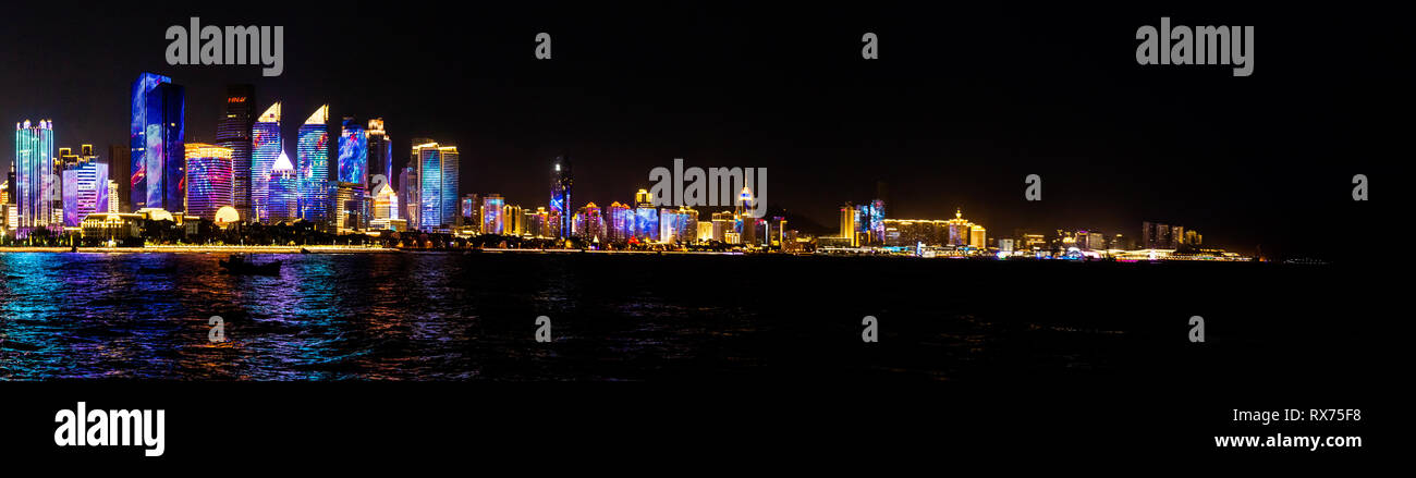 July 2018 - Qingdao, China - The new lightshow of Qingdao skyline created for the SCO summit between China and Russia of June 2018 seen from the Bathi Stock Photo