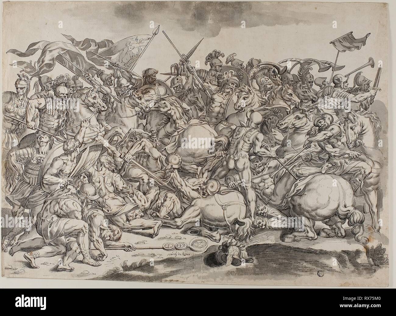 Battle of the Milvian Bridge. Johann Heintz (active Rome 1611-1612 and Milan 1652); after Raffaello Sanzio called Raphael and his workshop (Italian, 1483-1520). Date: 1612. Dimensions: 419 x 571 mm. Pen and black ink, and brush and gray wash over red chalk and traces of graphite, on cream laid paper, laid down on tan wove paper (pieced). Origin: Germany. Museum: The Chicago Art Institute. Stock Photo