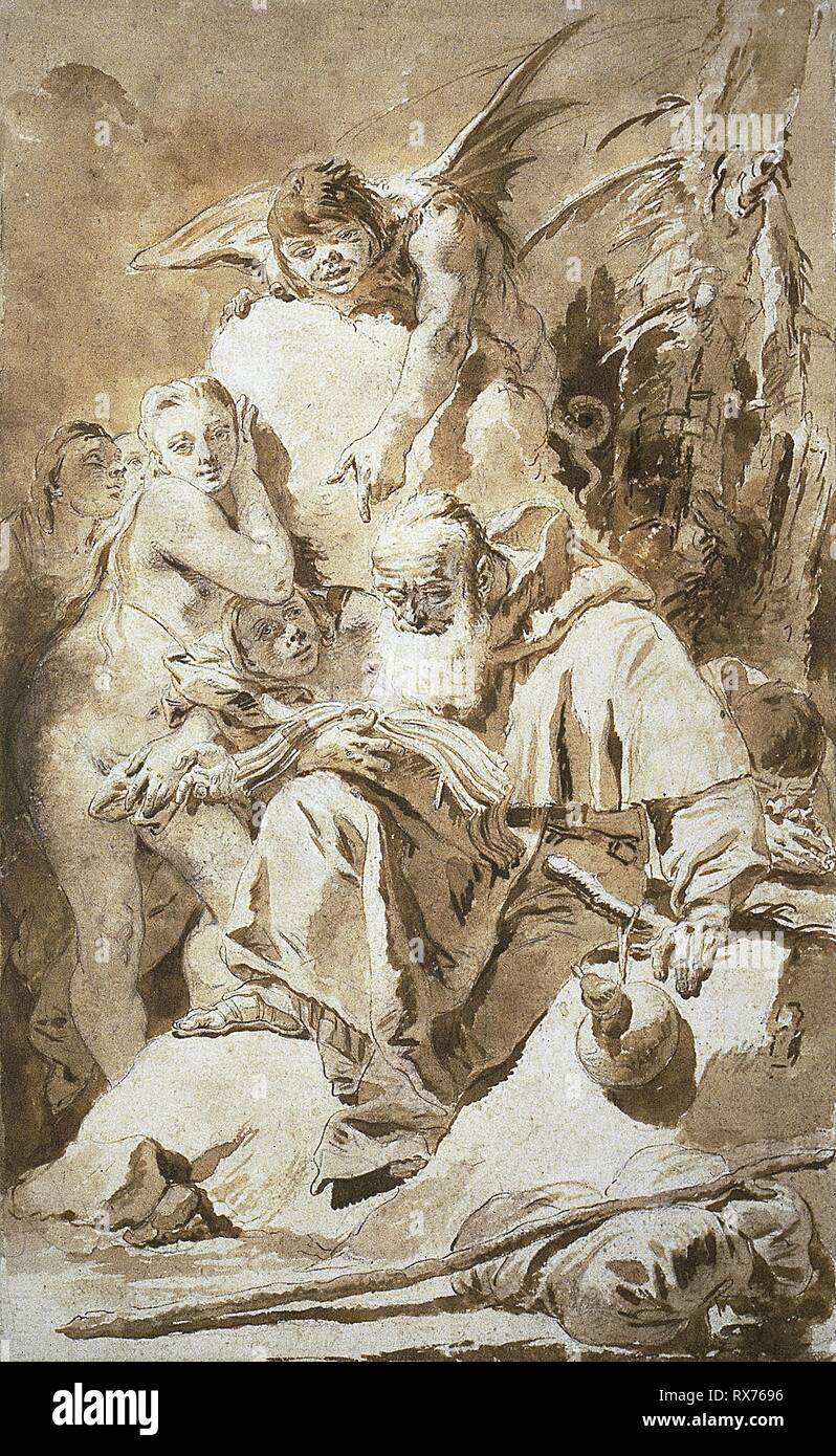 The Temptation of Saint Anthony. Giambattista Tiepolo; Italian, 1696-1770. Date: 1720-1734. Dimensions: 400 x 247 mm. Pen and brown ink and brush and brown wash, with black chalk and traces of charcoal, heightened with touches of white gouache, on ivory laid paper. Origin: Italy. Museum: The Chicago Art Institute. Stock Photo