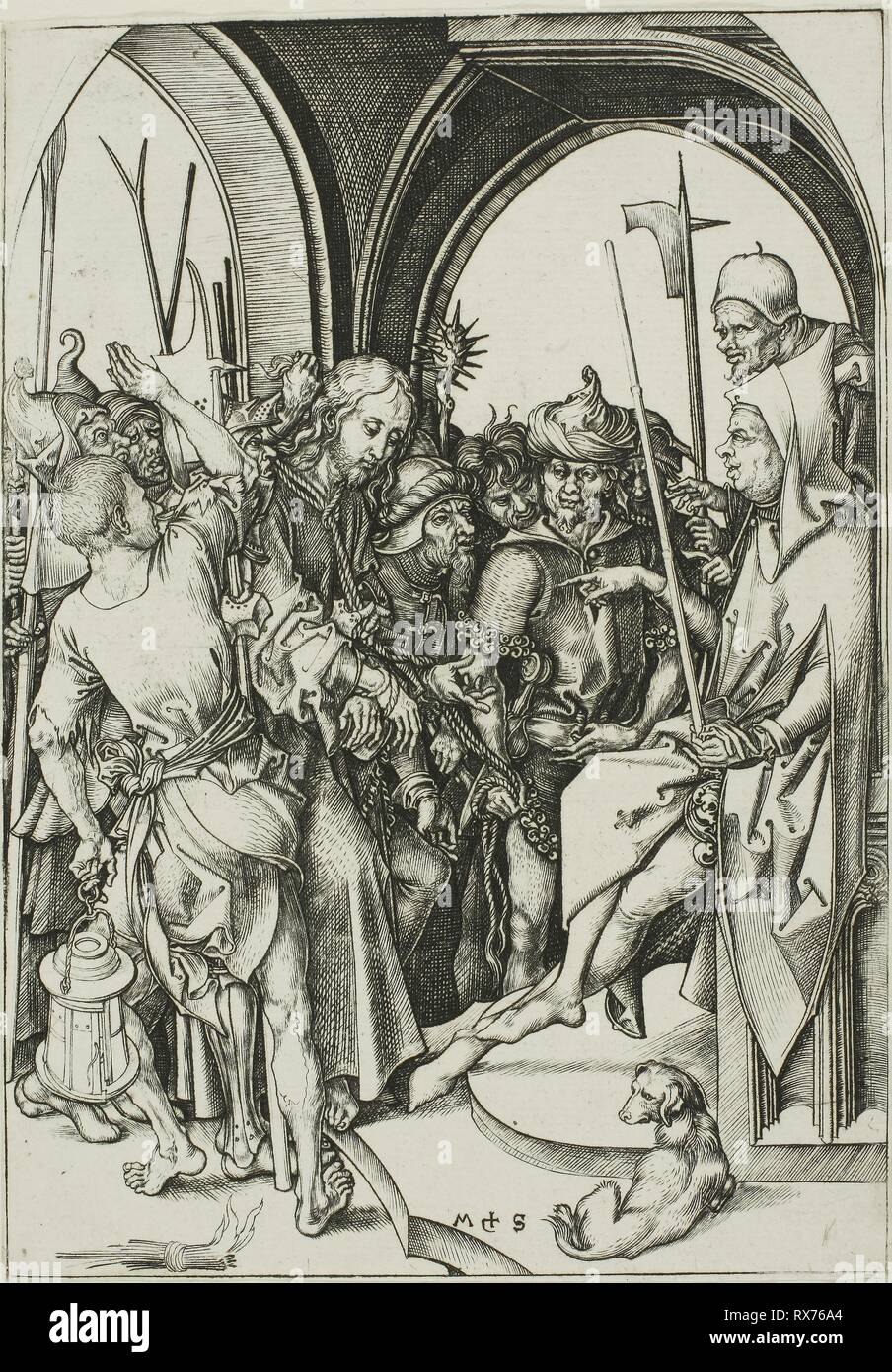 Christ Before Annas. Martin Schongauer; German, c. 1450-1491. Date: 1475-1486. Dimensions: 163 x 114 mm (sheet trimmed within plate mark). Engraving on paper. Origin: Germany. Museum: The Chicago Art Institute. Stock Photo